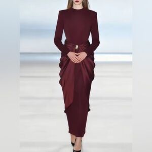 NEW $365 Lenora Spliced Shirring Temperament Long Sleeve Dress